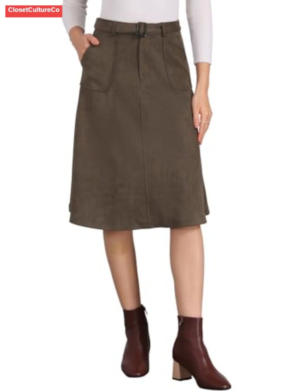 Faux Suede A-Line Midi Skirt with Belt Stretch Workwear